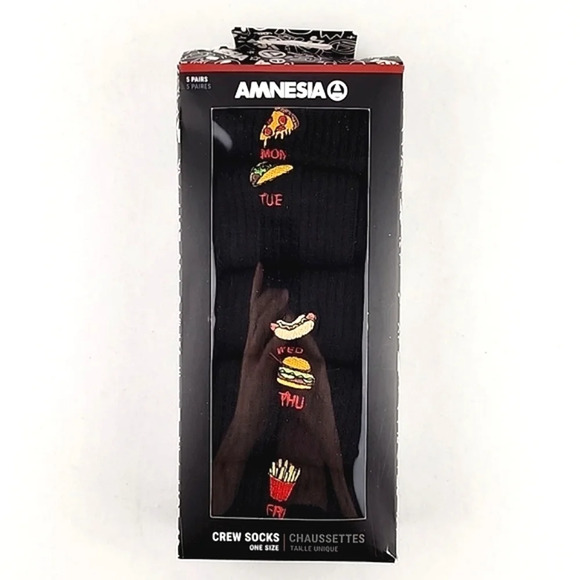 Amnesia Men's 5 Pairs  Fast Food Embroidered Graphic Black Crew Socks - Picture 2 of 7